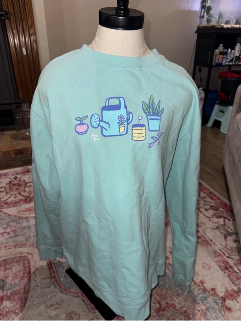 Long Sleeve Graphic Top in Light Aqua with Gardening Print